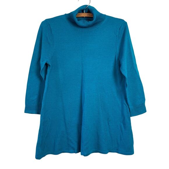 Lands End Wmns Sz XS Sweater 100% Merino Wool Aqua Blue Flare Waist 3/4 Slv NWOT - Picture 1 of 10